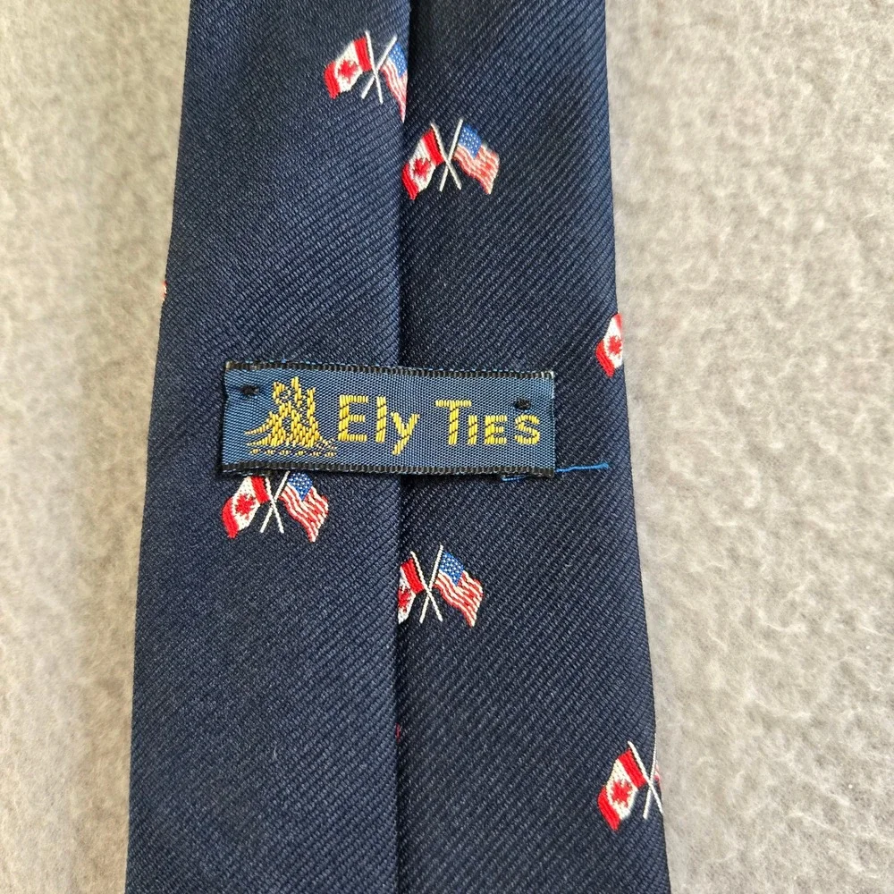 Ely Ties Necktie Mens OS Navy Blue USA Canada Crossed Flags Patriotic Polyester